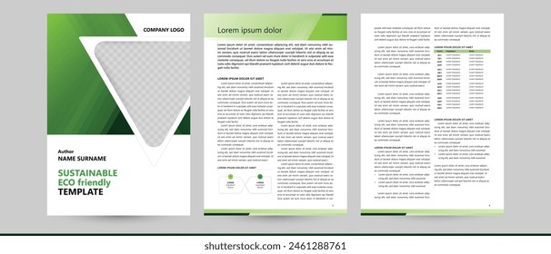 eco green sustainable ecological business document template, text information layout, cover and infographic design for brochure booklet, annual report, newsletter book page. triangle shape background