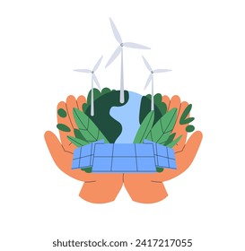 Concepto de energía ecológica sostenible. Ecología, conservación del medio ambiente, salvando la Tierra. Manos con fuentes de energía renovables, energía eólica y solar. Ilustración vectorial plana aislada en fondo blanco