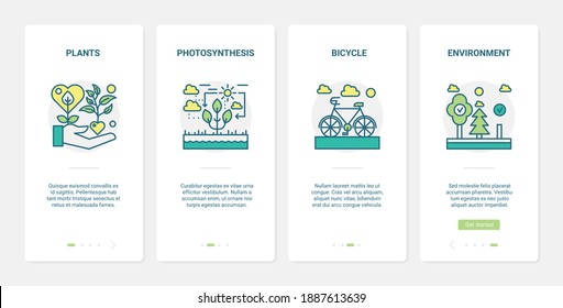 Eco green technology to save ecology vector illustration. UX, UI onboarding mobile app page screen set with line saving environment symbols, photosynthesis of plants, eco friendly bicycle transport