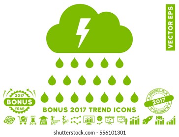 Eco Green Thunderstorm Rain Cloud icon with bonus 2017 year trend images. Vector illustration style is flat iconic symbols, white background.