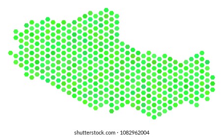 Eco green Tibet Chinese Territory map. Vector hexagon territorial map in green color tinges. Abstract Tibet Chinese Territory map mosaic is made with hexagonal blots.