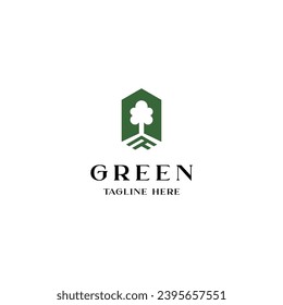 eco green tree environment with roots in hexagonal shape logo design