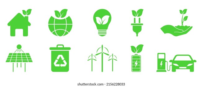 Eco green vector icons set. Eco-friendly signs. Ecology symbols. Alternative energy.