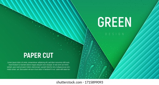 ECO green vector illustration. Different water drops lie on green gradient background. Environment conservation, save the Earth. Bright paper design.