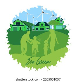 Eco Green Vector: Small family playing in the garden with eco-friendly materials.
