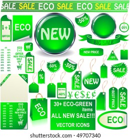 Eco green vector tag, sticker, pealing paper, buttons set isolated on white