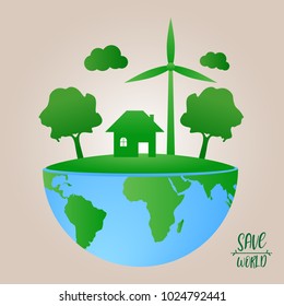 Eco green world stop global warming , we can save world concept , minimal vector illustration