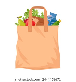 Eco grocery bag. Reusable shopping bag, no waste bag with groceries flat vector illustration. Zero waste textile shopping bag