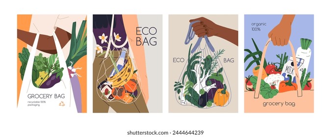 Eco grocery bags, poster designs set. Hands with shopping tote, supermarket mesh, net and vegetables, fruits, food. Natural organic sustainable cards, vertical backgrounds. Flat vector illustrations