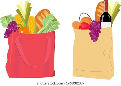 Eco grocery bags set. Zero Waste. Reusable shopping bag and paper bag. Vector flat illustration