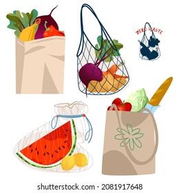 Eco grocery bags. String bags, cotton bag and paper bag for shopping. Zero waste, environment preservation. Vector illustration

