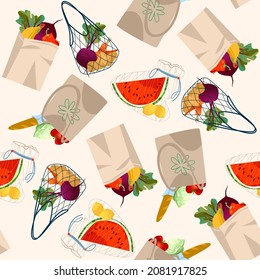 Eco grocery bags. String bags, cotton bag and paper bag for shopping. Zero waste, environment preservation. Seamless background pattern. Vector illustration

