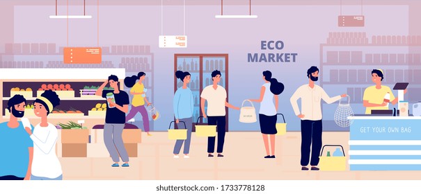 Eco grocery store. People with own textile bags buy vegetables fruits organic products. Eco market, customers and cashier vector illustration