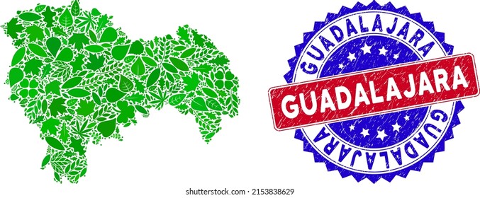Eco Guadalajara Province map collage of floral leaves in green color tinges and grunge bicolor Guadalajara seal. Red and blue bicolored seal with grunge style and Guadalajara tag.