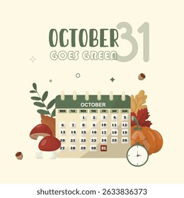 Eco Halloween Calendar with Autumn Elements. Eco-themed October 31 calendar illustration. sustainable Halloween celebrations. Eco-friendly halloween concept. Flat style. Vector illustration