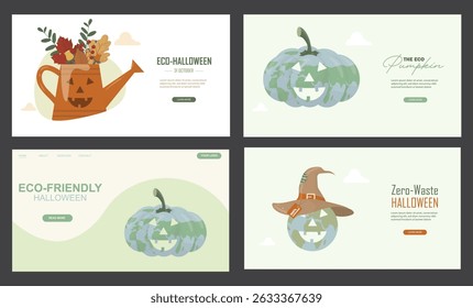 Eco Halloween Pumpkin Web Design Template Collection. sustainable Halloween website layouts. Eco-friendly halloween banner set. Halloween banner set. Flat style. Vector illustration