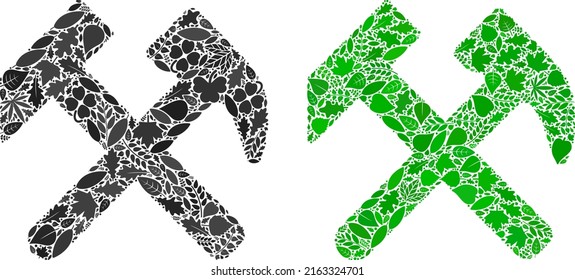 Eco hammers icon composition of floral leaves in green and natural color tinges. Ecological environment vector template for hammers icon. Hammers vector image is formed of green floral parts.
