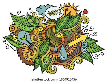 Eco hand drawn cartoon doodles illustration. Funny ecology design. Creative art vector background. Nature symbols, elements and objects. Colorful composition