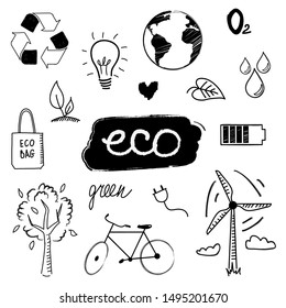 Eco hand drawn doodles set on a white background