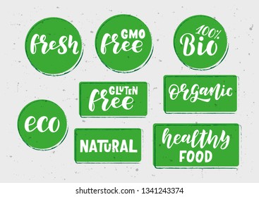 Eco hand drawn lettering set. Healthy food. GMO free. Motivational text. Greetings for logotype, badge, icon, card, postcard, logo, banner, tag. Vector illustration.