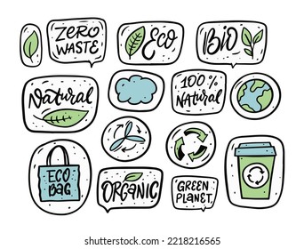 Eco hand drawn modern calligraphy phrases set. Ecology stickers vector illustration isolated on transparent layer.