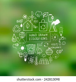 Eco hand drawn vector elements on green blurred background. Ecological design elements. EPS 10.