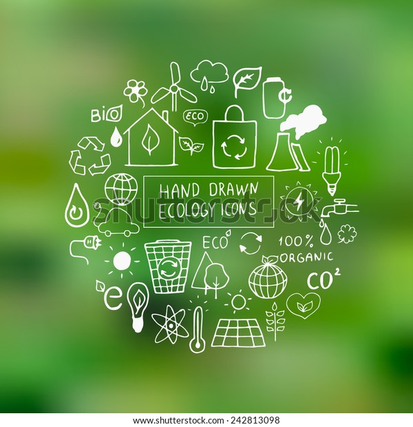 Eco hand drawn vector elements\
on green blurred background. Ecological design elements. EPS\
10.