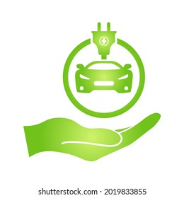 Eco hand with electrocar icon Zero emission vehicle Battery charging station sign