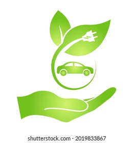 Eco hand with electrocar icon Zero emission vehicle Battery charging station sign