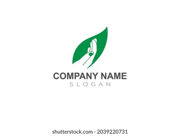 Eco Hand of green Leaves Logo design vector template Linear style. Creative Ecology Palm Symbol Logotype concept icon.