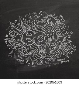 Eco hand lettering and doodles elements background On Chalkboard. Vector illustration
