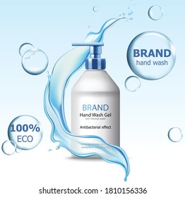 Eco hand wash gel with antibacterial effect container surrounded by bubbles and flowing water. 3D mockup with product placement. Realistic Vector