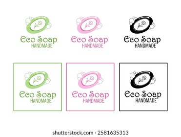 Eco handmade soap logos in green, pink and black colors - soap with flower and bubbles - vector illustration for packaging design and website and social media design