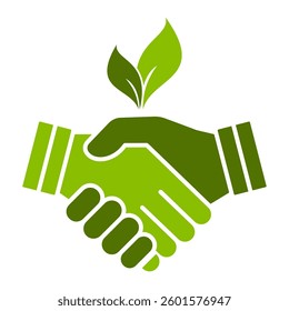 Eco handshake with leaves. Green Partnership. Symbol of sustainability, environmental partnership, and green cooperation. Perfect for business, ecology, and organic agreements.