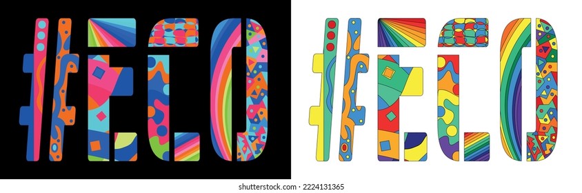 ECO Hashtag. Unique colorful friendly text. Cartoon bright isolate letters with creative multicolored decoration inside. Hashtag #ECO for ecological natural, web resources, print, typography design.