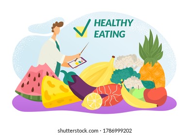 Eco healthy eating, fresh vegetables and fruits for diet and lifestyle, organic food, natural products, online food ordering vector illustration. Vegetarian and vegans menu, eco eating for health.