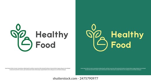 Eco healthy food logo design illustration. Linear line silhouette of food hood, green plant leaves, evergreen foliage, restaurant kitchen. Simple minimal minimalist delicious diet nature icon symbol.