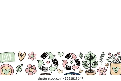 Eco heart banner with recycling, sustainability and nature elements

