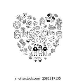 Eco heart doodle composition with planet, people, recycling and love

