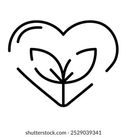 Corazón ecológico con hojas, icono lineal, trazo negro editable. Ilustración vectorial, símbolo o letrero. Concepto de ecología y medio ambiente, salud, medicina herbaria, naturaleza y amor. Para el logotipo, Diseño web, impresión