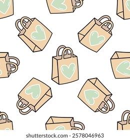 Eco heart paper bag seamless pattern with reusable shopping tote