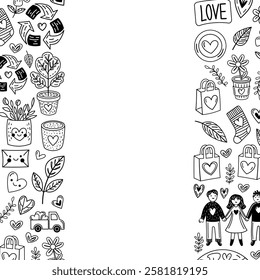 Eco heart vertical doodle border with hand-drawn sustainability elements

