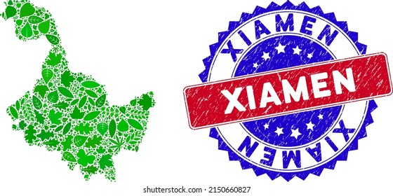 Eco Heilongjiang Province map collage of herbal leaves in green color tinges and grunge bicolor Xiamen stamp. Red and blue bicolored badge with unclean style and Xiamen slogan.