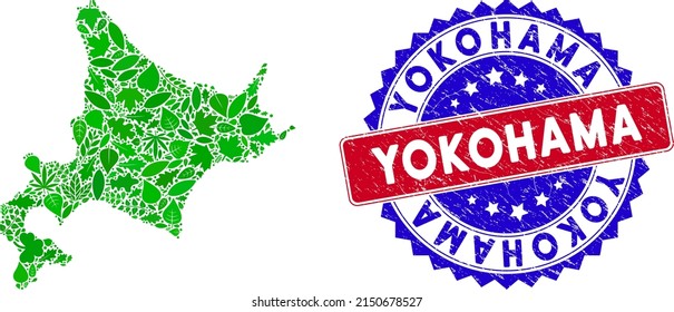 Eco Hokkaido Island map collage of herbal leaves in green color variations with grunge bicolor Yokohama seal. Red and blue bicolored badge with grunge texture and Yokohama word.