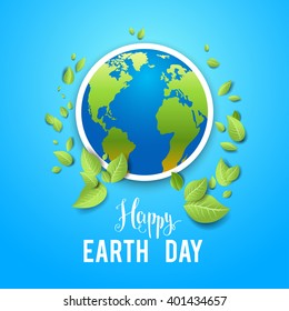 Eco holiday card on blue background. Concept for design banner,ticket, leaflet and so on.Template page for Earth day. Holiday card. Green globe and leaves.