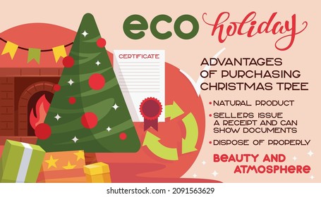 Eco holidays banner, advantages of natural spruce for New Year holidays. New Year is the best time to start taking care of nature.