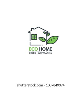 Eco home concept. Logo of house with windows and chimney pipe, growing new green leaves. Green leaf plant. Text of product or company name.  Modern line vector illustration.