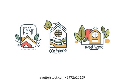 Eco Home or Eco-house Logo Design with Green Leaf Vector Set