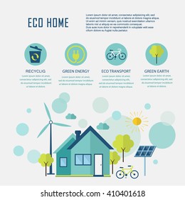 Eco home in flat design. Ecology concept  and places for text or infographic