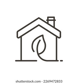 Eco home, green house. Building with leaf inside vector thin line outline icon illustration. Sustainable, eco friendly modern futuristic house